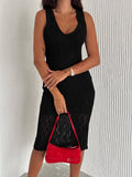 Women's Hallow Knit Midi Casual Dress Knit Dress Open Knit