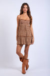 BROWN DITSY FLORAL SMOCKED BUST LACE MINI DRESS