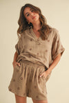 IST5538-A FLOWER EMBROIDERED SHIRT AND SHORTS SET