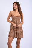 BROWN DITSY FLORAL SMOCKED BUST LACE MINI DRESS