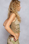 V neck sleeveless ruffle leopard printed knit top