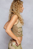 V neck sleeveless ruffle leopard printed knit top