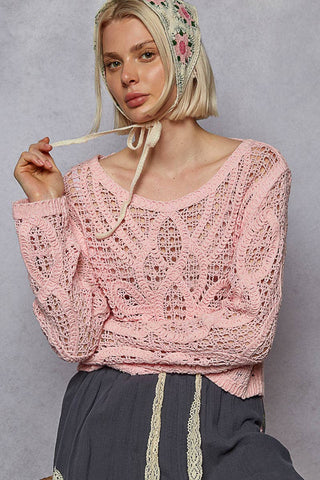 Round neck long sleeve crochet top