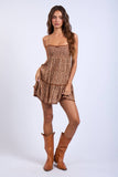 BROWN DITSY FLORAL SMOCKED BUST LACE MINI DRESS