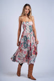 FLORAL PATCH PRINT SLEEVELESS SMOCKED MIDI DRESS