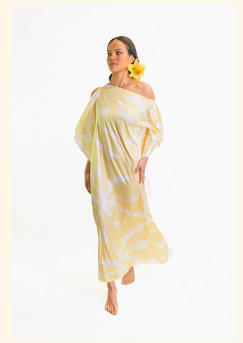 Aimata Dress in yellow and crème -Terehe White and Beige