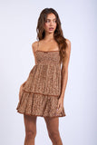 BROWN DITSY FLORAL SMOCKED BUST LACE MINI DRESS