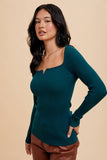 RIBBED KNIT NOTCHED V NECK TOP