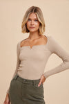 RIBBED KNIT NOTCHED V NECK TOP