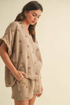 IST5538-A FLOWER EMBROIDERED SHIRT AND SHORTS SET