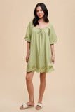 PUFF SLEEVE EMBROIDERED COTTON MODAL DRESS