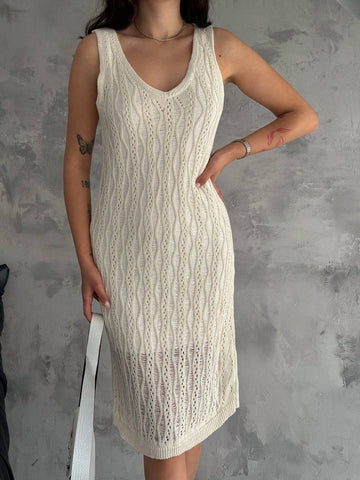 Women's Hallow Knit Midi Casual Dress Knit Dress Open Knit
