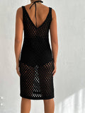 Women's Midi Crochet Dress Knit V Neck Cover-Up Cotton Dress
