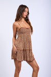 BROWN DITSY FLORAL SMOCKED BUST LACE MINI DRESS