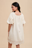 PUFF SLEEVE EMBROIDERED COTTON MODAL DRESS