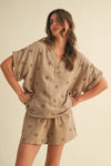 IST5538-A FLOWER EMBROIDERED SHIRT AND SHORTS SET