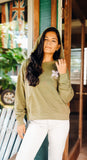EHA French Terry Hoodie in Light Olive with Pink Upcountry Print