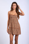 BROWN DITSY FLORAL SMOCKED BUST LACE MINI DRESS