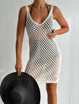 Women's Midi Crochet Dress Knit V Neck Cover-Up Cotton Dress