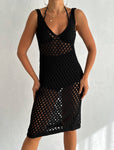 Women's Midi Crochet Dress Knit V Neck Cover-Up Cotton Dress