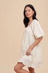 PUFF SLEEVE EMBROIDERED COTTON MODAL DRESS