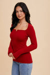 RIBBED KNIT NOTCHED V NECK TOP