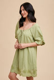 PUFF SLEEVE EMBROIDERED COTTON MODAL DRESS